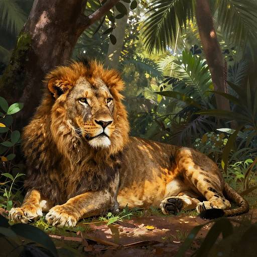 Photograph of a majestic, golden-furred male lion with a thick, dark mane, lying on the forest floor amidst lush green foliage and dapp