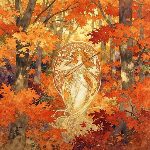 Digital artwork of a glowing, ethereal woman with flowing hair and ornate dress, surrounded by vibrant red and orange autumn leaves in a sunlit forest