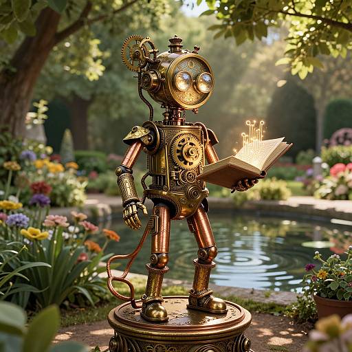 Photograph of a bronze steampunk robot with gears, standing by a garden pond, holding an illuminated book, surrounded by colorful flowers and lush green