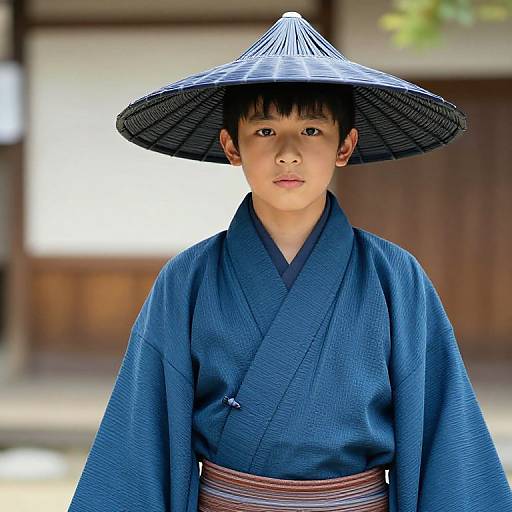 Boy in Blue Kimono and Hat