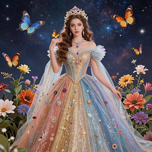 Digital illustration of a fair-skinned, brown-haired princess in a multicolored, ornate gown, tiara, surrounded by butterflies and vibrant flowers
