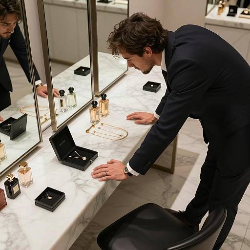 Man in Suit Examining Jewelry in Luxury Store