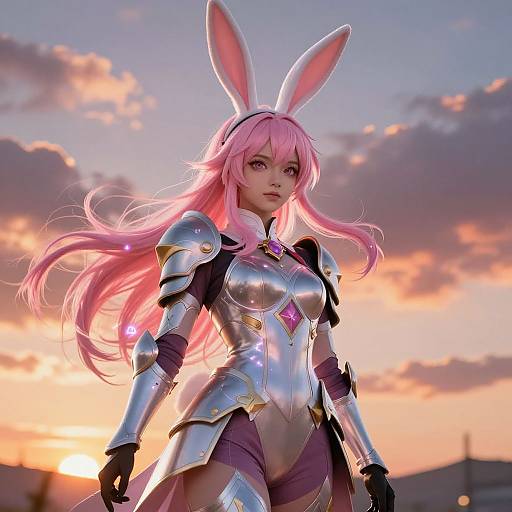 Digital art of a pink-haired anime girl with bunny ears, wearing shiny silver armor, standing against a sunset sky.