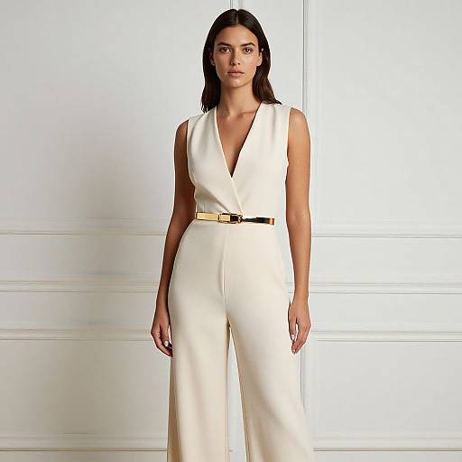 Photograph of a woman with dark hair wearing a sleeveless, deep V-neck, white satin jumpsuit with a gold belt, standing against a white