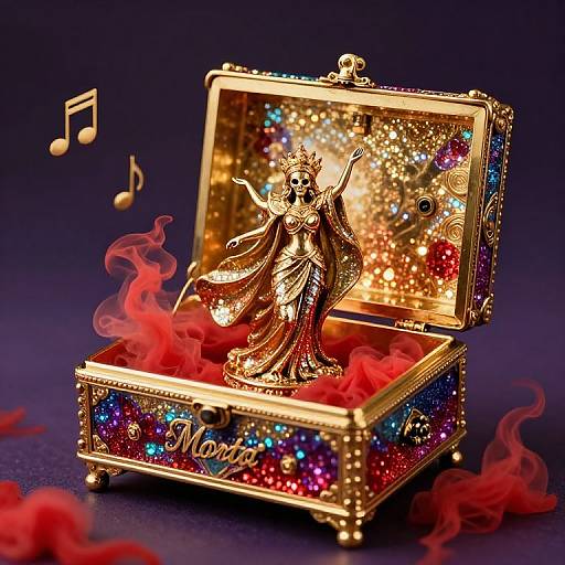 Golden, glittery, music-themed box with a singing queen statue, surrounded by red smoke and floating musical notes, labeled 