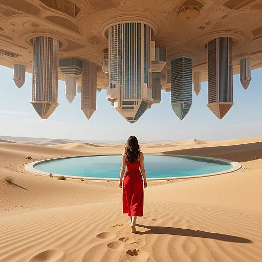 Photograph-style CGI: Woman in red dress walks towards floating skyscrapers over a circular blue pool in a desert landscape.