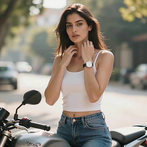 Young Woman on Motorcycle Outdoors