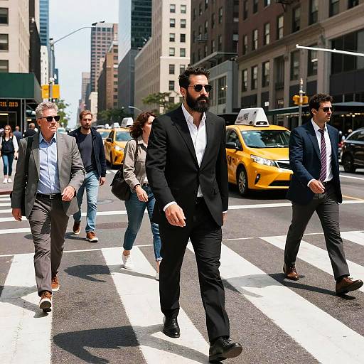 Photograph of six business professionals crossing a busy city street with yellow taxis, wearing suits and sunglasses, under bright daylight.