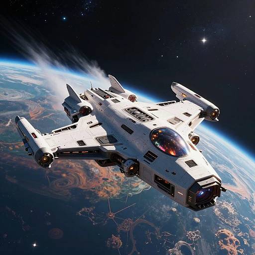 Photorealistic CGI of a white, futuristic space fighter with red cockpit lights, flying above a glowing Earth against a starry universe.