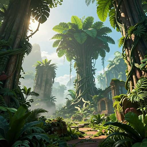 Photorealistic digital artwork of a lush, sunlit jungle with towering palm trees, dense foliage, ancient ruins, and misty atmosphere.