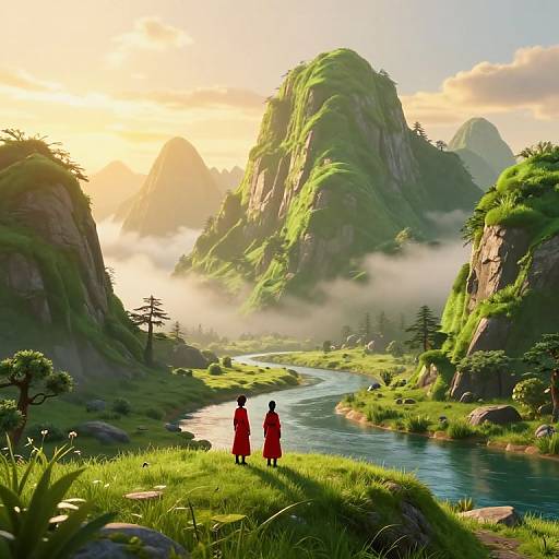 Digital art: Two figures in red robes stand on a grassy riverbank, watching a misty, sunlit mountain landscape with lush greenery and
