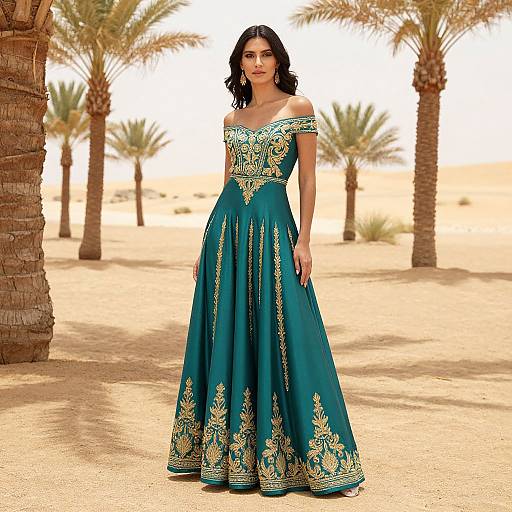 Photograph of a woman in an off-the-shoulder, teal and gold embroidered ball gown, standing in a desert with palm trees.