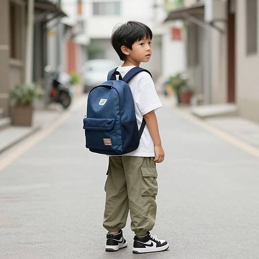 Boy with Backpack in Narrow Street