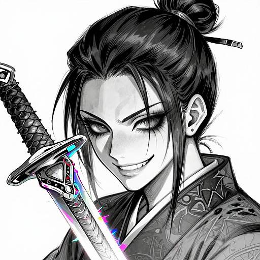 Monochrome Manga Warrior with Neon Glitch Sword