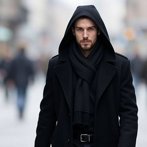 Photograph of a serious, bearded man with piercing blue eyes, wearing a black hooded coat and scarf, standing in a blurred, snowy city