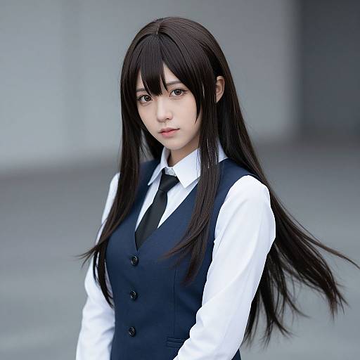 Digital anime-style portrait of a young Asian woman with long black hair, wearing a white shirt, black vest, and tie, in a blurred gray background