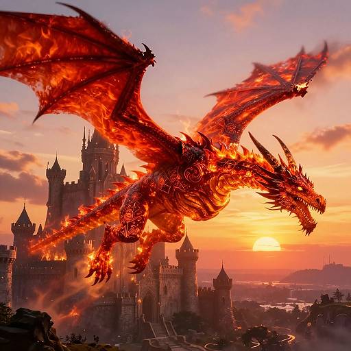Photorealistic digital artwork of a fiery red dragon soaring above a medieval castle at sunset, with orange and purple sky.