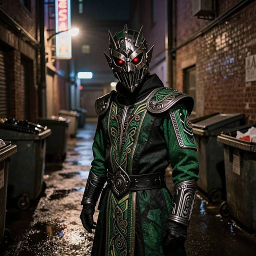 Photograph of a dark, armored figure with glowing red eyes standing in a wet, narrow, urban alley at night.