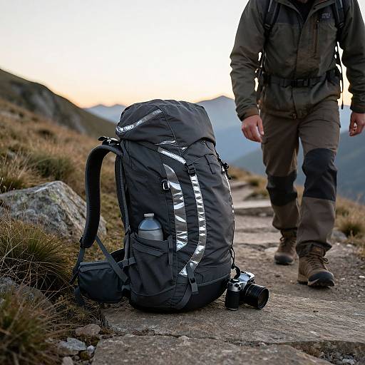 Photograph of a hiker with a black backpack and water bottle, standing on a mountain trail at sunset, wearing brown hiking gear.