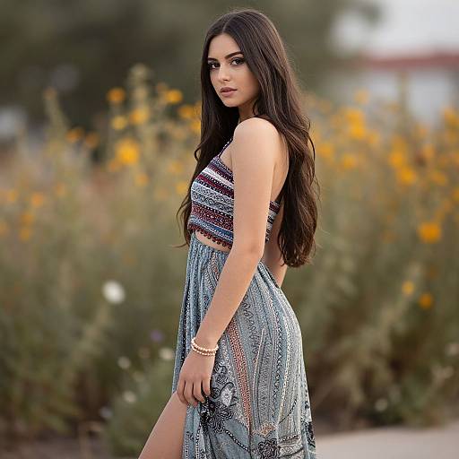 Photograph of a young woman with long dark hair, wearing a striped crop top and patterned blue skirt, standing in a sunny, flower-filled garden