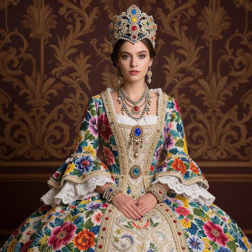 Photograph of a regal woman in a floral and gold Renaissance-style dress, adorned with elaborate jewelry and a detailed crown, against an ornate,