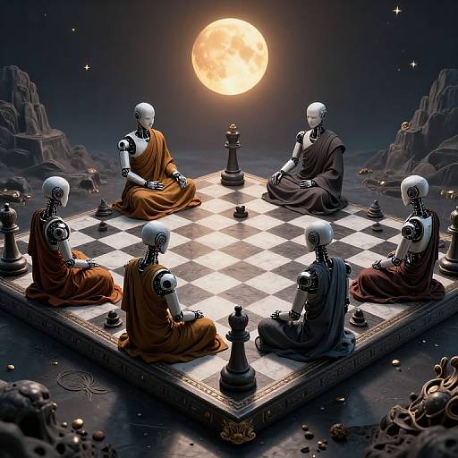 Digital art: Six robotic monks with white skulls and orange/brown robes play chess under a bright full moon, surrounded by dark mountains and scattered chess pieces
