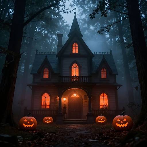 Photograph of a spooky, Gothic-style house with glowing orange windows, surrounded by foggy trees, and five carved Jack-o'-lanterns at