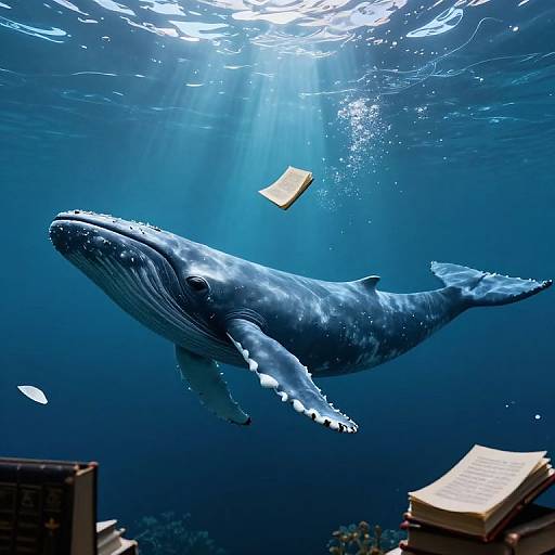 Photograph of a massive blue whale swimming underwater, surrounded by sunlight rays, a floating book, and small fish, with buildings and rooftops in the