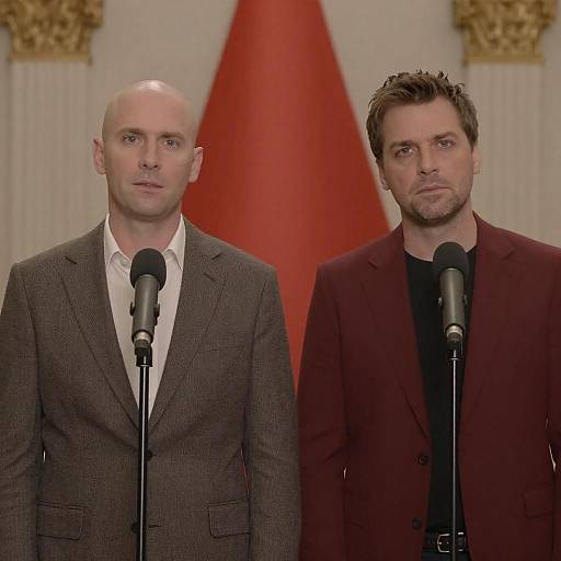 Two Men Speaking with Microphones