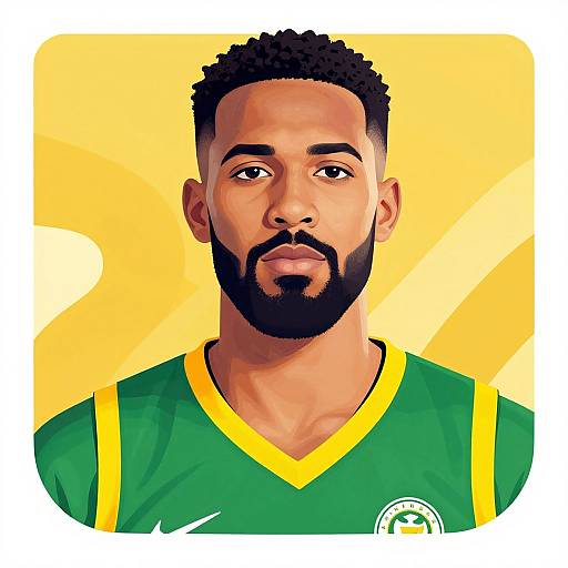 Digital illustration of a muscular, dark-skinned man with a short black beard and curly hair, wearing a green and yellow sports jersey, against a yellow
