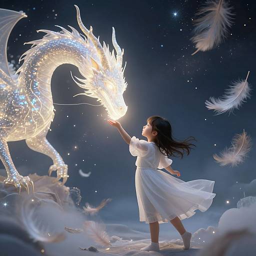 Digital art of a young girl in a flowing white dress, reaching a glowing, ethereal dragon amidst floating feathers in a starry night sky.