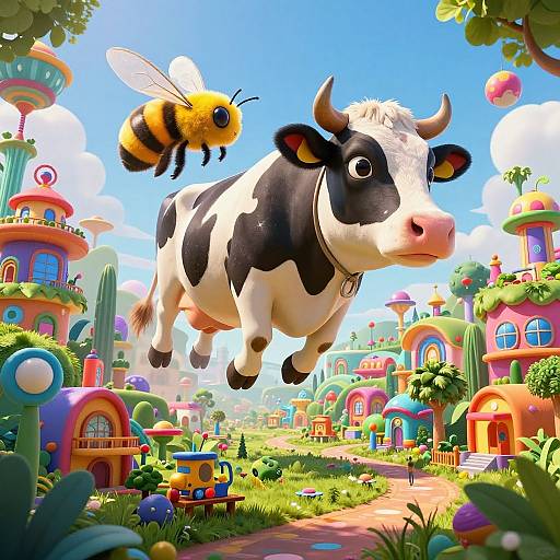 Vibrant CGI illustration of a black-and-white cow with a bee hovering above, set in a colorful, whimsical, cartoon farm village. Bright