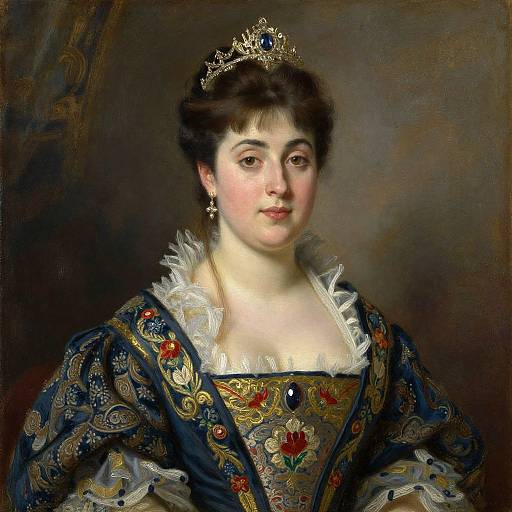 Portrait of a young, fair-skinned woman with dark hair, wearing an ornate blue gown with gold embroidery, white ruffles, and a jew