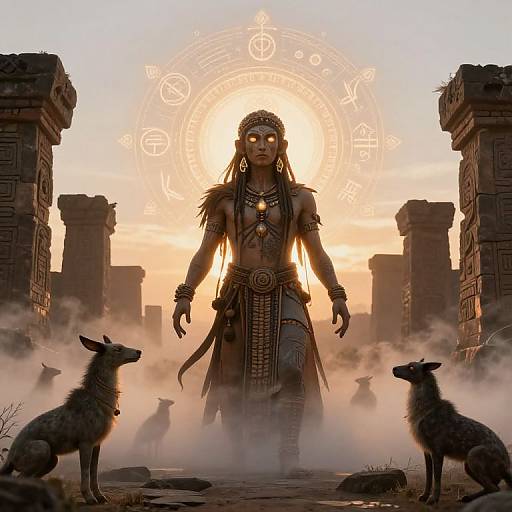 Digital artwork of a glowing, tribal warrior with glowing eyes, adorned in ancient armor, standing between two ruined stone pillars with two goats in the foreground,