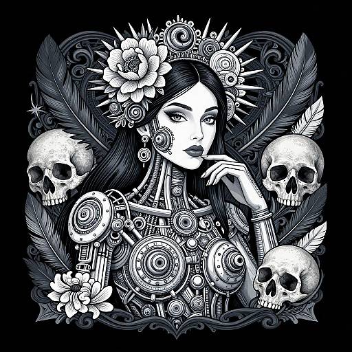 Black-and-white digital drawing of a woman with intricate mechanical armor, surrounded by skulls, feathers, flowers, and clockwork gears.