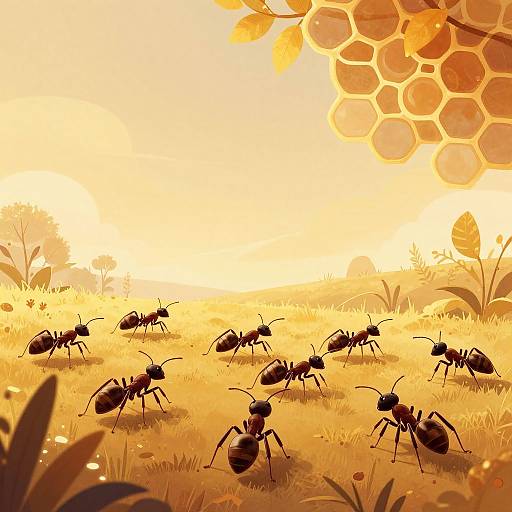 Digital illustration of a sunny meadow with multiple black ants marching across golden grass, surrounded by orange hexagonal honeycomb and autumn leaves.
