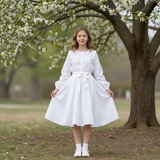 Young girl with light brown hair, wearing a white long-sleeve dress and white shoes, stands in a park with blooming trees. Photograph.