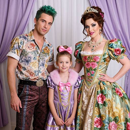 Photograph of a family in vibrant, floral costumes; father in patterned shirt, mother in elaborate princess dress, daughter in pink dress with bow,