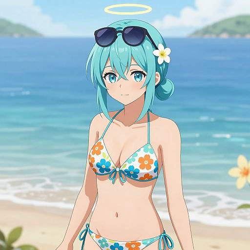 Anime Summer Beach Girl with Aqua Hair