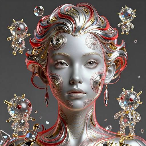 Digital CGI artwork of a silver-faced woman with flowing, metallic hair, red and gold highlights, and crystal-like creatures floating around her.
