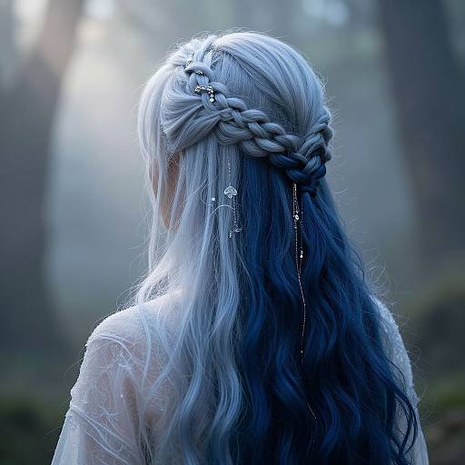 Photograph of a woman with silver and black braided hair, adorned with silver beads, facing away in a sunlit forest.