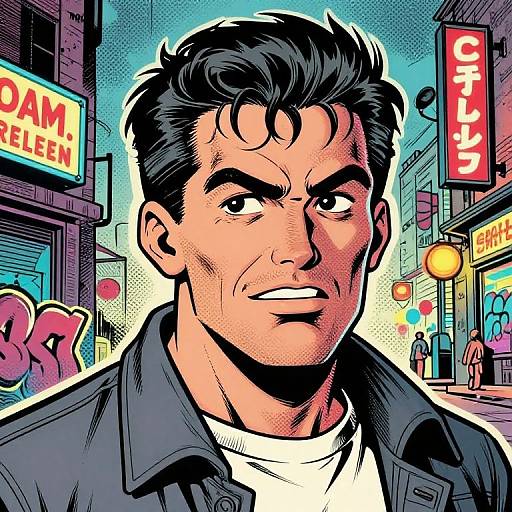 Comic-style illustration of a determined, dark-haired man in a blue jacket, set against a colorful, neon-lit urban street.
