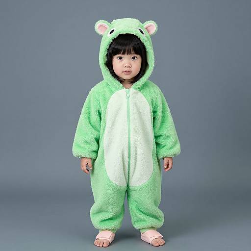 Photograph of an Asian toddler with straight black hair, wearing a fluffy green and white bear onesie with ears, standing barefoot against a blue-gray