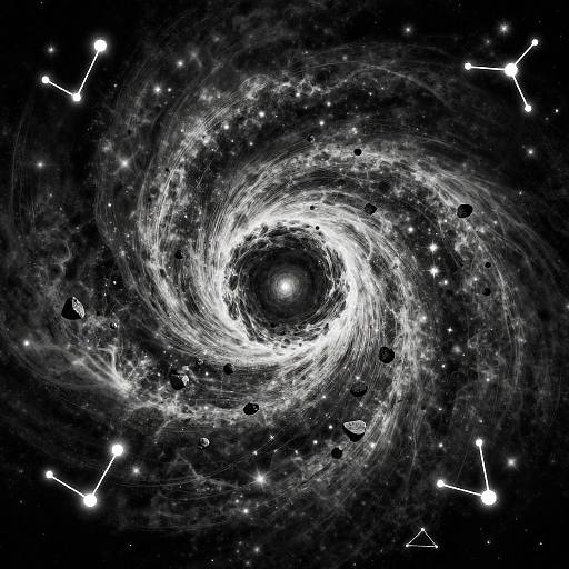 Black-and-white digital illustration of a swirling galaxy with bright, glowing white center, surrounded by stars, planets, and constellation lines.
