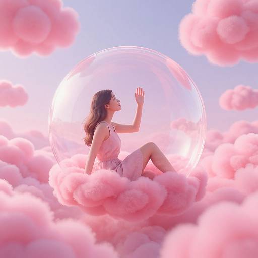 Photograph of a woman with long brown hair, wearing a pink dress, sitting in a glowing bubble amidst pink clouds against a blue sky.