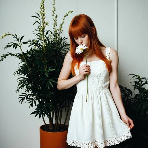 Young Woman in White Dress Smelling Daisy