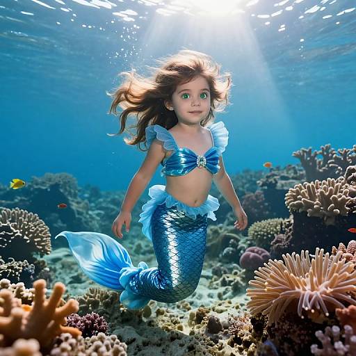 Photorealistic CGI of a young girl with green eyes, blue mermaid tail, and frilled top, swimming underwater among colorful coral reefs.