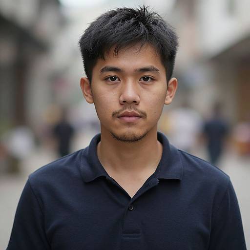 Photograph of an Asian man with short black hair, light skin, and a mustache, wearing a black polo shirt, standing in a blurred urban