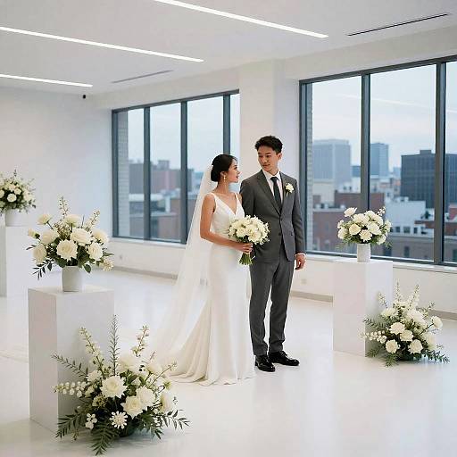 Photograph of a bride in white gown and veil, holding bouquet, standing beside groom in grey suit, in modern, bright, white-walled room