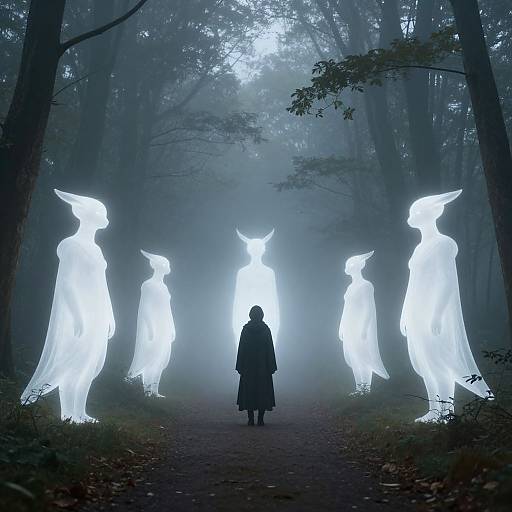Photograph of a misty forest path at night, illuminated by four glowing, ghostly, winged figures flanking a silhouetted person